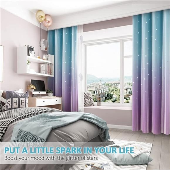 Cutout Curtains for Girls Bedroom 2 Panels, 2 in 1 Light Blocking Blackout - Picture 6 of 6